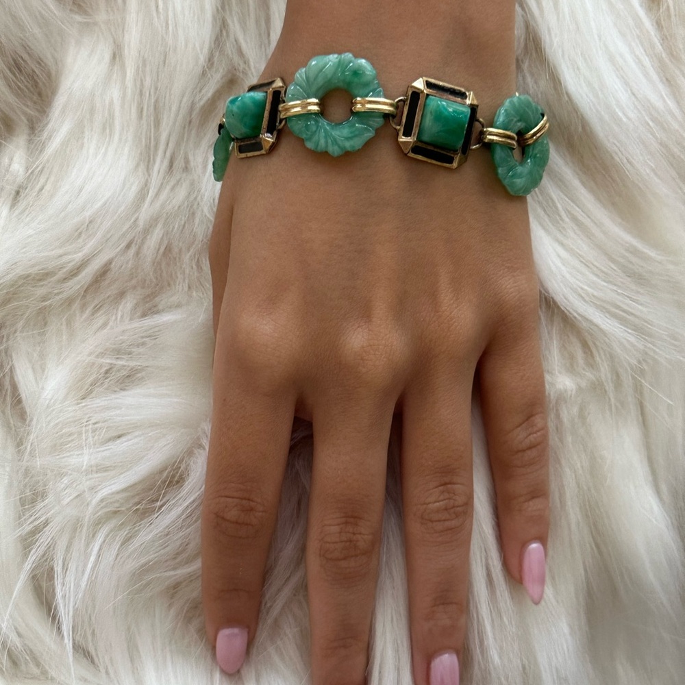 Carved Green Stone Link Bracelet with Gold Accents - Picture 4 of 9